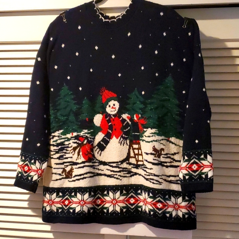 Vintage Adele Knitwear "Ugly" Christmas Sweater Navy w. Snowman Design, Size 1X